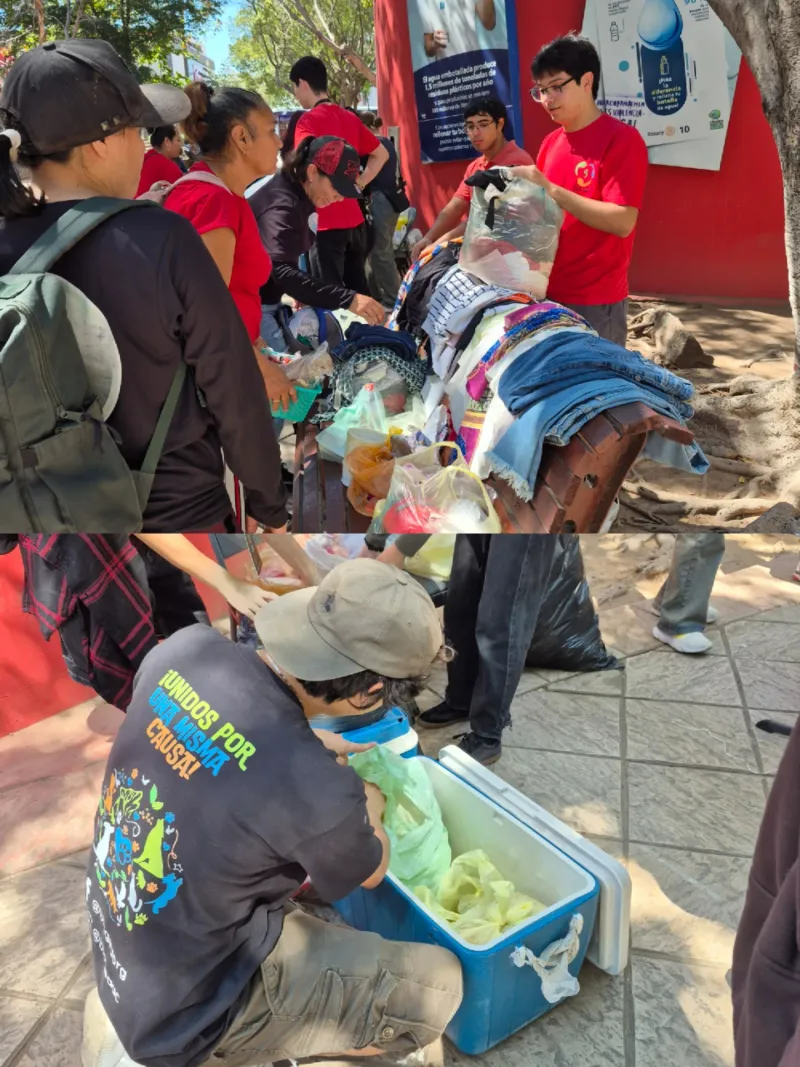 Voluntarios de Bio Gea repartiendo ropa y comida en la plazuela Álvaro Obregón