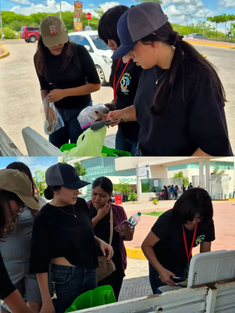 Voluntarias de Bio Gea preparando bolsas de comida afuera de un hospital